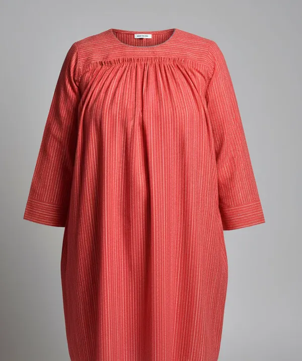 Red_Cotton_Kantha_Pleated_Midi_Dress_For_Women