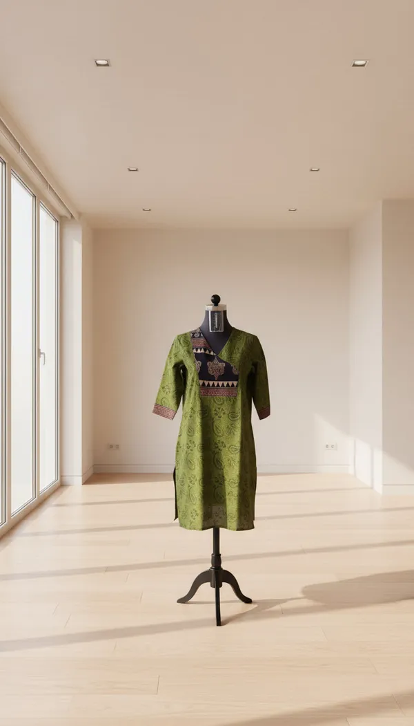 Green_Cotton_Kalamkari_V-Neck_Tunic_For_Women