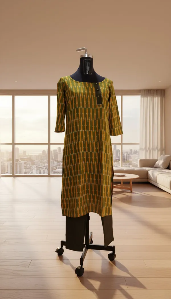 Yellow_Cotton_Linen_Ikat_Kurta_With_Pant_Waistcoat_Set_For_Women