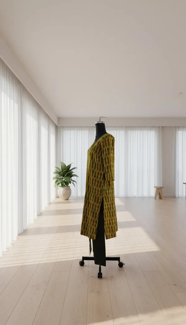 Yellow_Cotton_Linen_Ikat_Kurta_With_Pant_Waistcoat_Set_For_Women