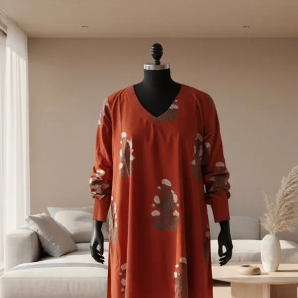Rust_Cotton_Block_Print_Flared_Kurta_Palazzo_Co-Ord_Set_For_Women