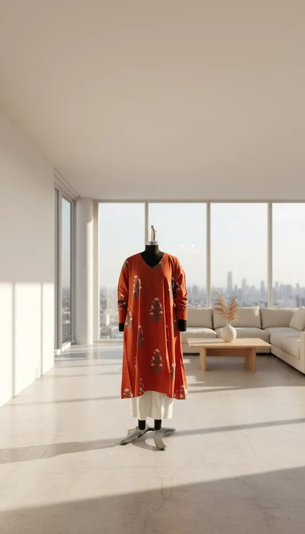 Rust_Cotton_Block_Print_Flared_Kurta_Palazzo_Co-Ord_Set_For_Women
