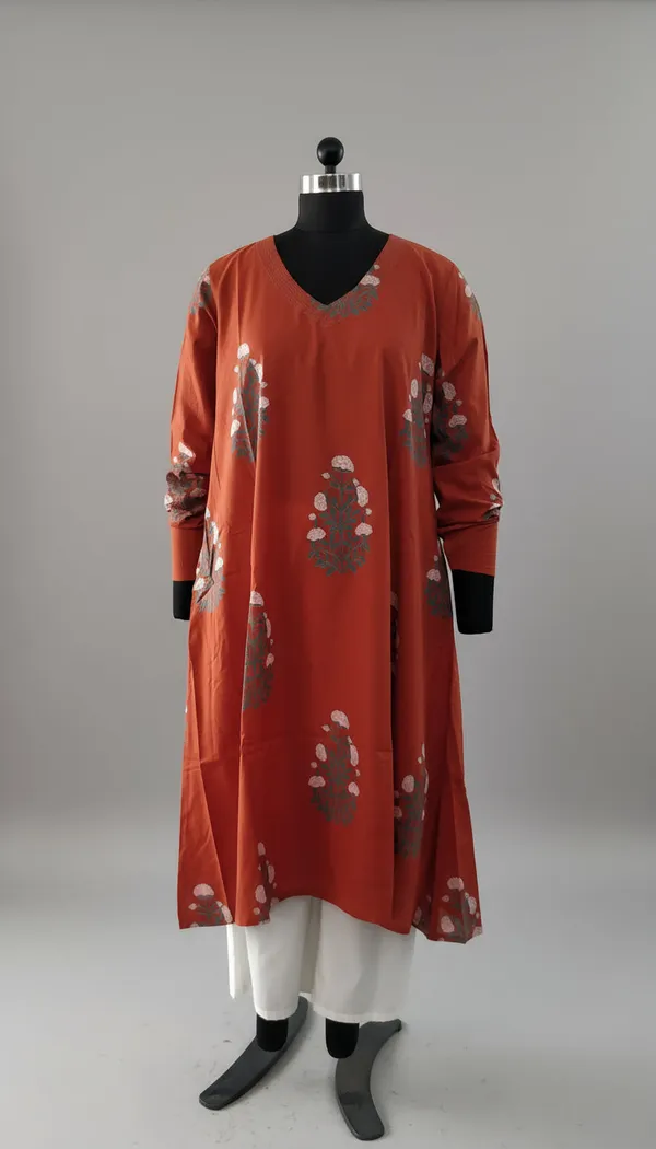Rust_Cotton_Block_Print_Flared_Kurta_Palazzo_Co-Ord_Set_For_Women