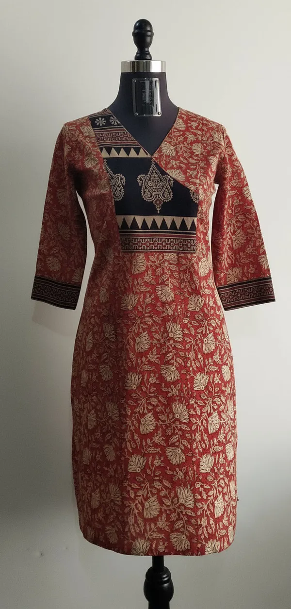 Rust_Red_Cotton_Kalamkari_V-Neck_Tunic_For_Women