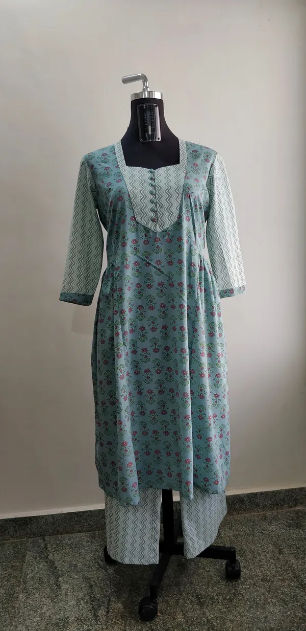 Light_Blue_Cotton_Floral_Frock_Top_Palazzo_Co-Ord_Set_For_Women