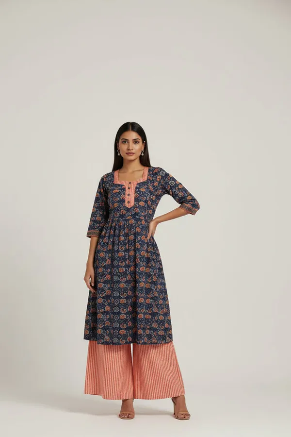 Blue_Cotton_Floral_Frock_Top_Palazzo_Co-Ord_Set_For_Women