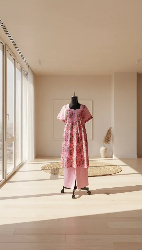 Pink_Cotton_Floral_Frock_Top_Palazzo_Co-Ord_Set_For_Women