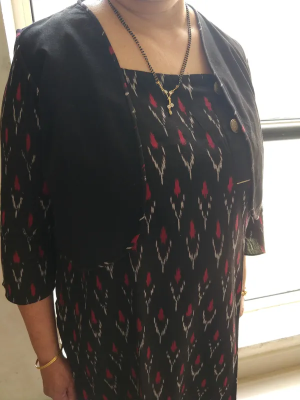 Black_Cotton_Ikat_Waistcoat_Kurta_Straight_Pant_Co-Ord_Set_For_Women