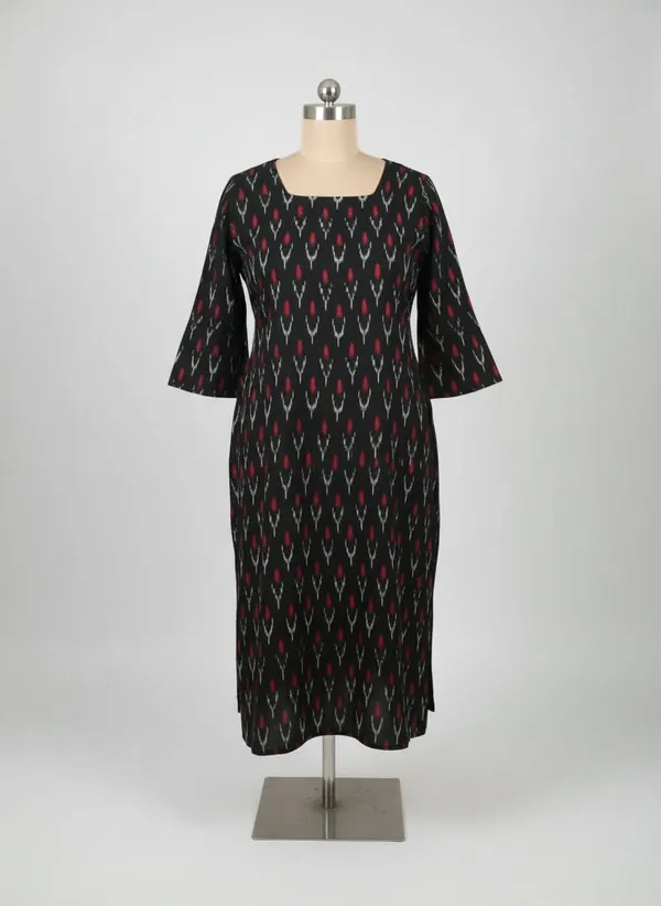 Black_Cotton_Ikat_Waistcoat_Kurta_Straight_Pant_Co-Ord_Set_For_Women