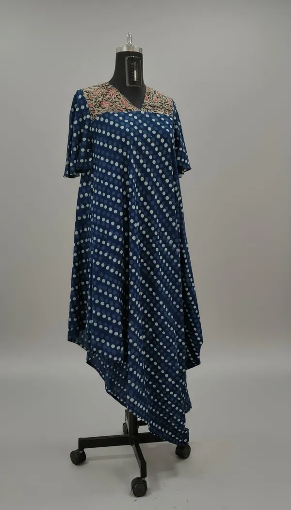 Blue_Cotton_Polka_Dot_Butterfly_Sleeve_Kalamkari_Cowl_Midi_Dress_For_Women