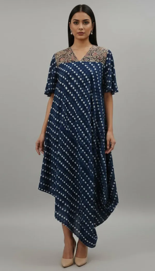 Blue_Cotton_Polka_Dot_Butterfly_Sleeve_Kalamkari_Cowl_Midi_Dress_For_Women