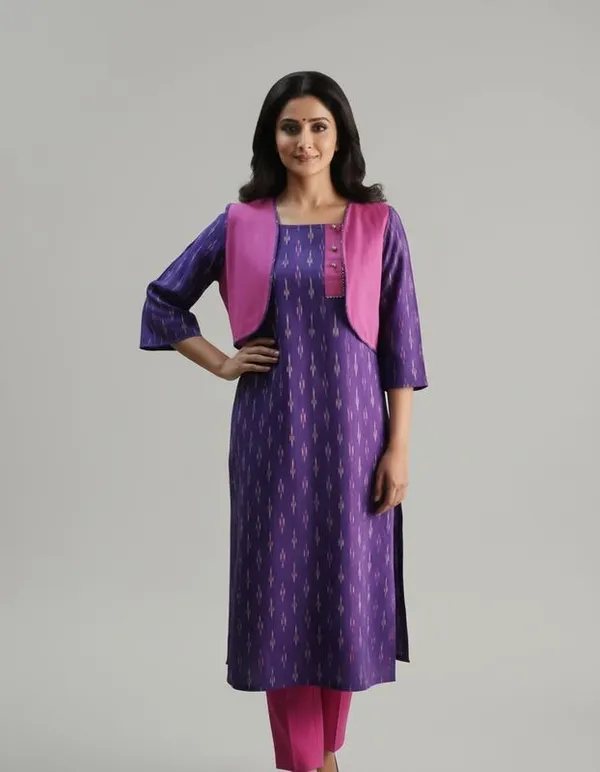 Purple_Cotton_Ikat_Kurta_Waistcoat_Straight_Pant_Co-Ord_Set_For_Women