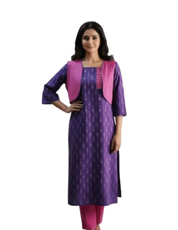 Purple_Cotton_Ikat_Kurta_Waistcoat_Straight_Pant_Co-Ord_Set_For_Women