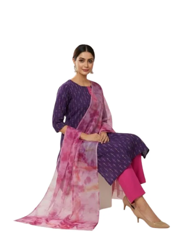 Purple_Cotton_Ikat_Kurta_Waistcoat_Straight_Pant_Co-Ord_Set_For_Women