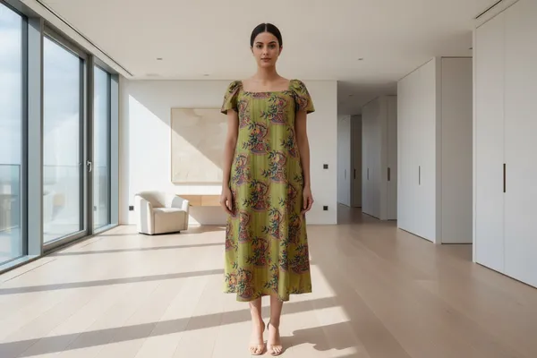 Green_Tussar_Silk_Birdy_Print_Puff_Sleeve_Midi_Dress_For_Women