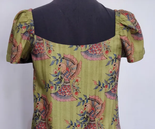 Green_Tussar_Silk_Birdy_Print_Puff_Sleeve_Midi_Dress_For_Women
