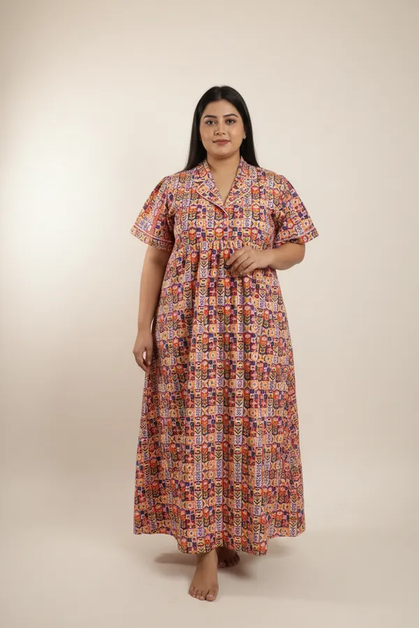 Orange_Cotton_Poplin_Lapel_Collar_Night_Gown_For_Women