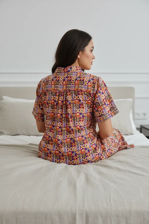 Orange_Cotton_Poplin_Lapel_Collar_Night_Gown_For_Women