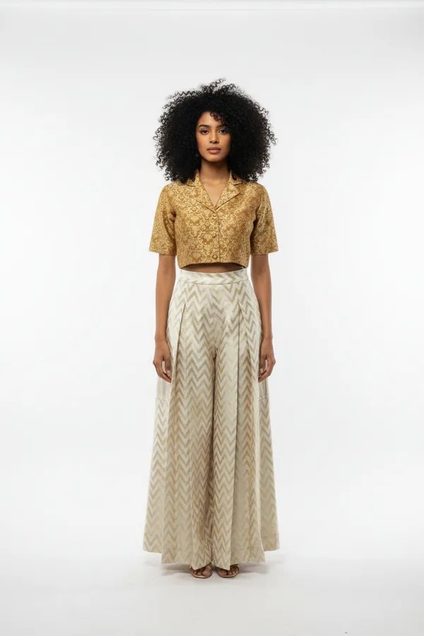 Gold_Silk_Brocade_Zari_Crop_Top_Pleated_Pant_Ethnic_Set_For_Women