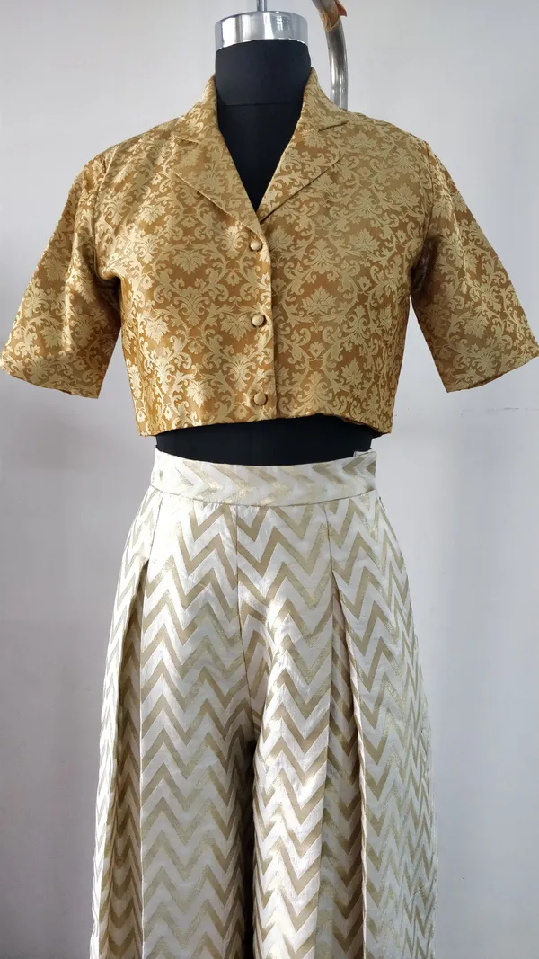 Gold_Silk_Brocade_Zari_Crop_Top_Pleated_Pant_Ethnic_Set_For_Women