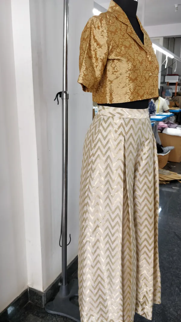 Gold_Silk_Brocade_Zari_Crop_Top_Pleated_Pant_Ethnic_Set_For_Women