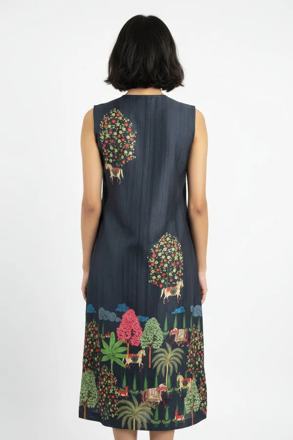 Dark_Green_Tussar_Silk_Animal_Print_Sleeveless_Pleated_Midi_Dress_For_Women