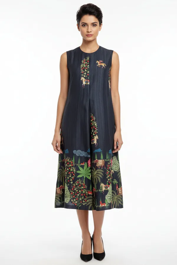 Dark_Green_Tussar_Silk_Animal_Print_Sleeveless_Pleated_Midi_Dress_For_Women