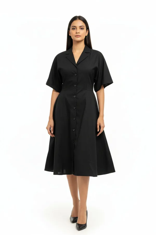 Black_Chanderi_Silk_Lapel_Collar_Kimono_Sleeve_Midi_Dress_For_Women