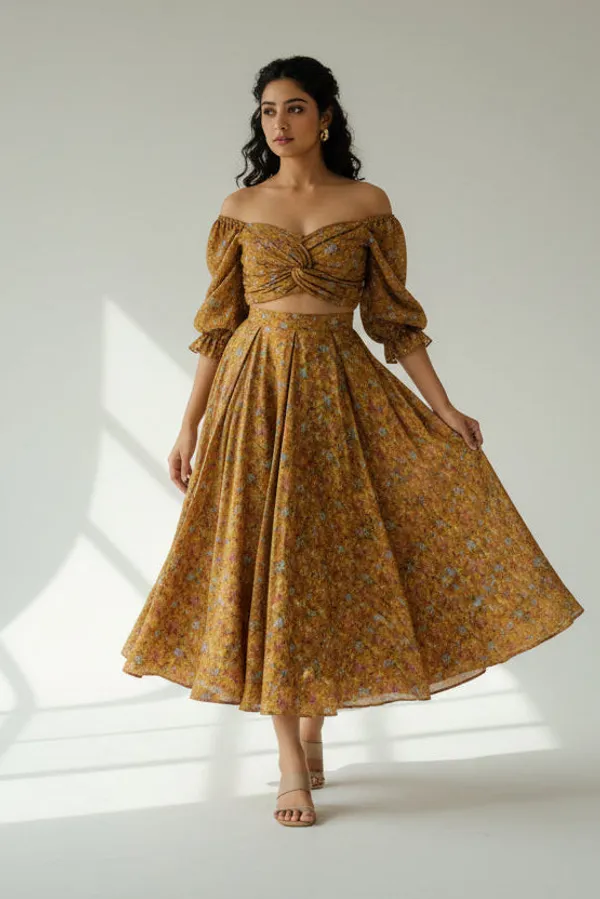 Mustard_Uppada_Silk_Printed_Flared_Yoke_Skirt_Twisted_Blouse_Set_For_Women