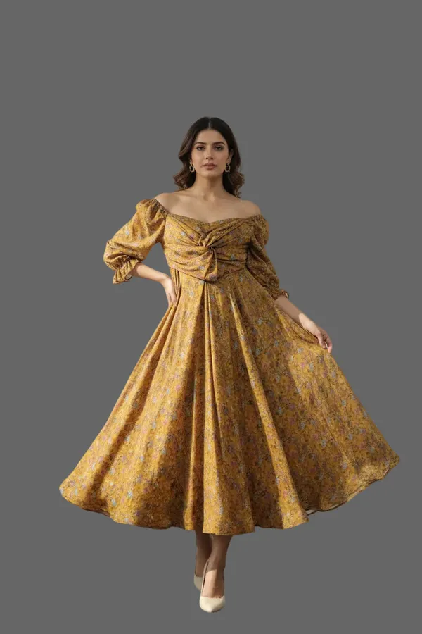 Mustard_Uppada_Silk_Printed_Flared_Yoke_Skirt_Twisted_Blouse_Set_For_Women