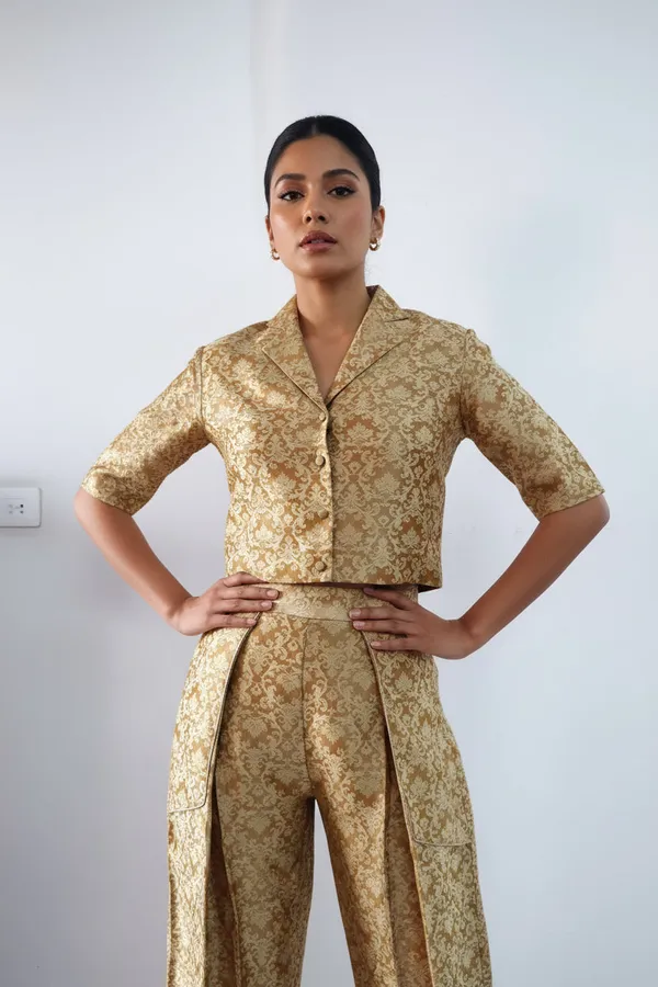 Golden_Banarasi_Silk_Brocade_Crop_Top_Pleated_Trouser_Party_Wear_Set_For_Women