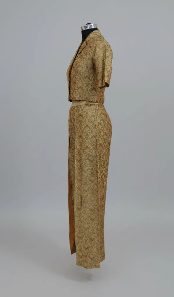 Golden_Banarasi_Silk_Brocade_Crop_Top_Pleated_Trouser_Party_Wear_Set_For_Women