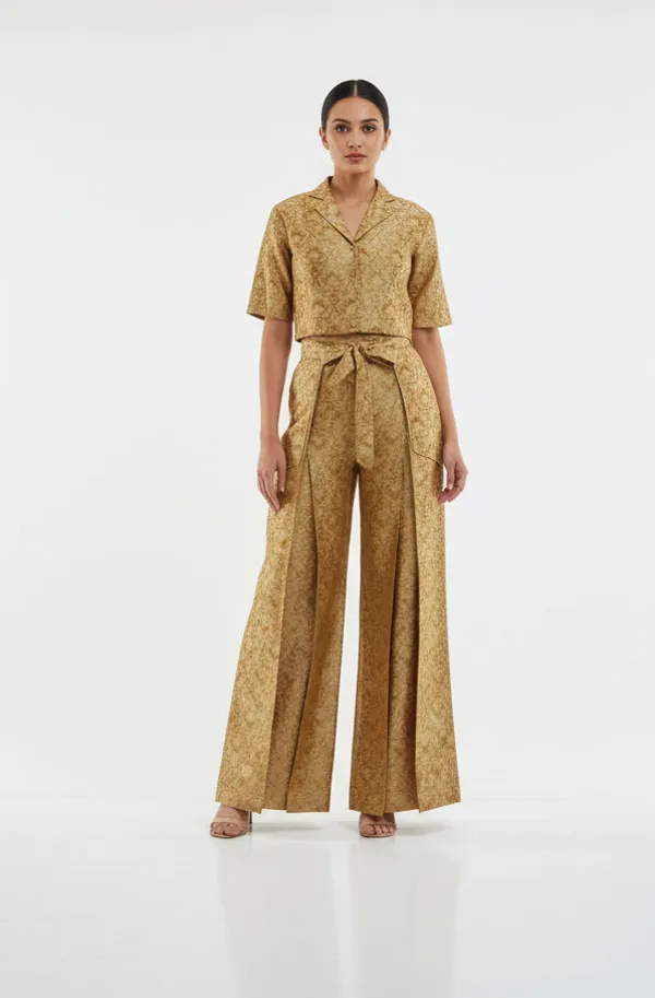 Golden_Banarasi_Silk_Brocade_Crop_Top_Pleated_Trouser_Party_Wear_Set_For_Women