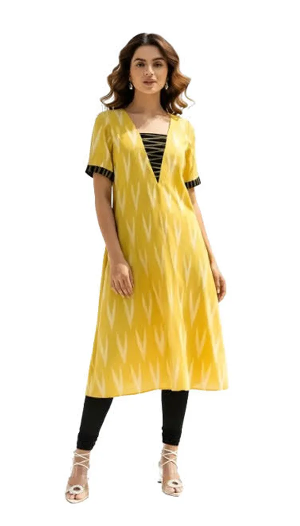 Yellow_Cotton_Ikat_V-Yoke_Kurta_For_Women