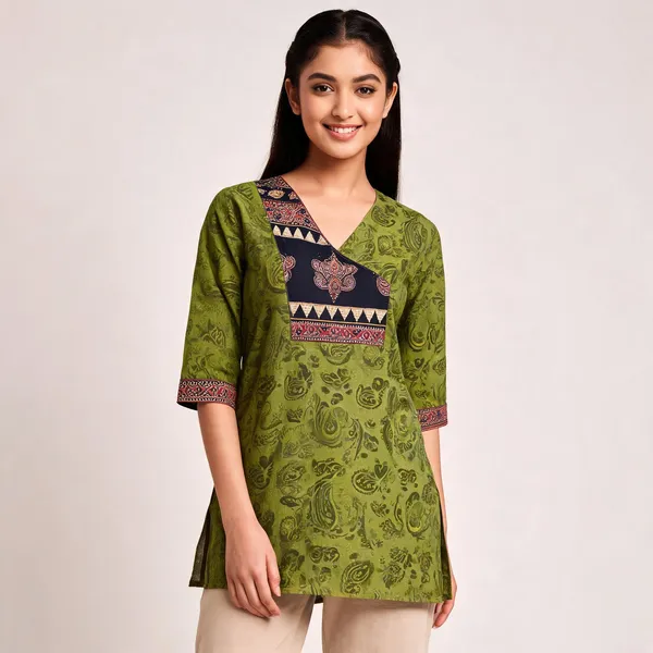 Green_Cotton_Kalamkari_V-Neck_Tunic_For_Women