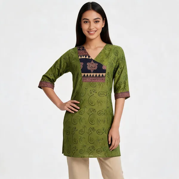 Green_Cotton_Kalamkari_V-Neck_Tunic_For_Women