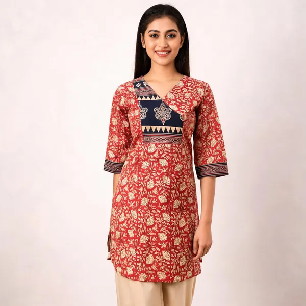 Rust_Red_Cotton_Kalamkari_V-Neck_Tunic_For_Women