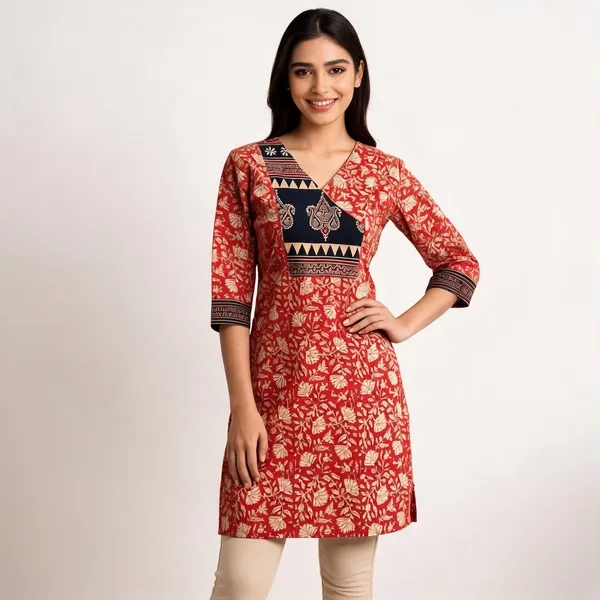 Rust_Red_Cotton_Kalamkari_V-Neck_Tunic_For_Women