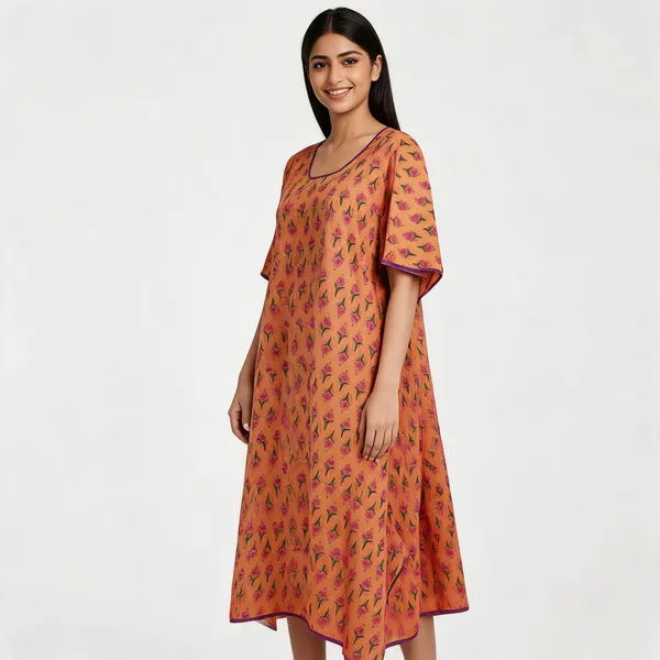 Orange_Chanderi_Cotton_Kimono_Midi_Dress_For_Women