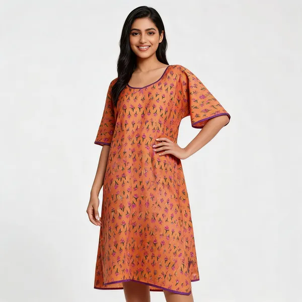 Orange_Chanderi_Cotton_Kimono_Midi_Dress_For_Women