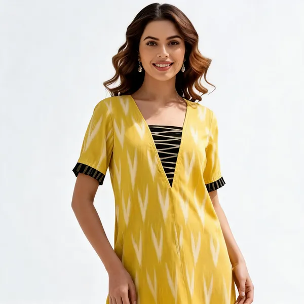 Yellow_Cotton_Ikat_V-Yoke_Kurta_For_Women
