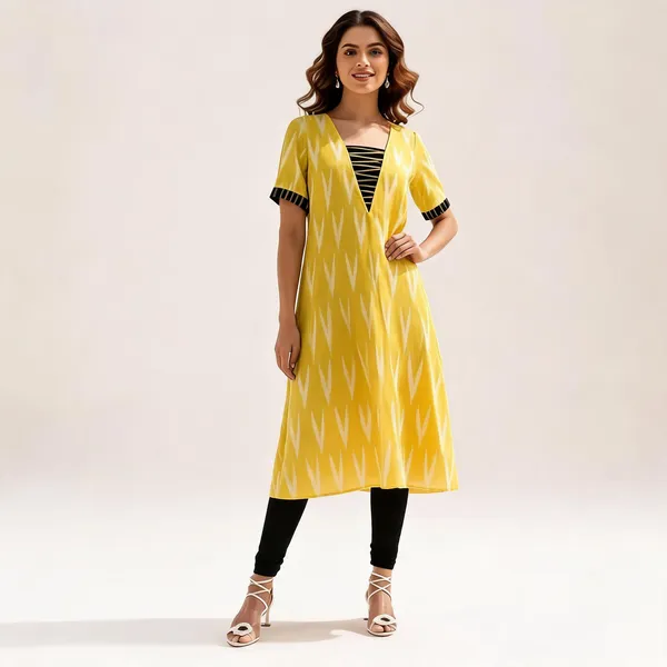 Yellow_Cotton_Ikat_V-Yoke_Kurta_For_Women