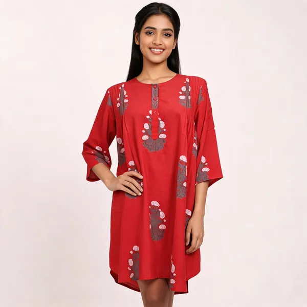 Red_Cotton_Mughal_Block_Print_Kurta_For_Women
