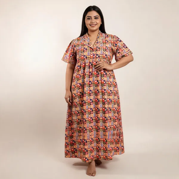 Orange_Cotton_Poplin_Lapel_Collar_Night_Gown_For_Women