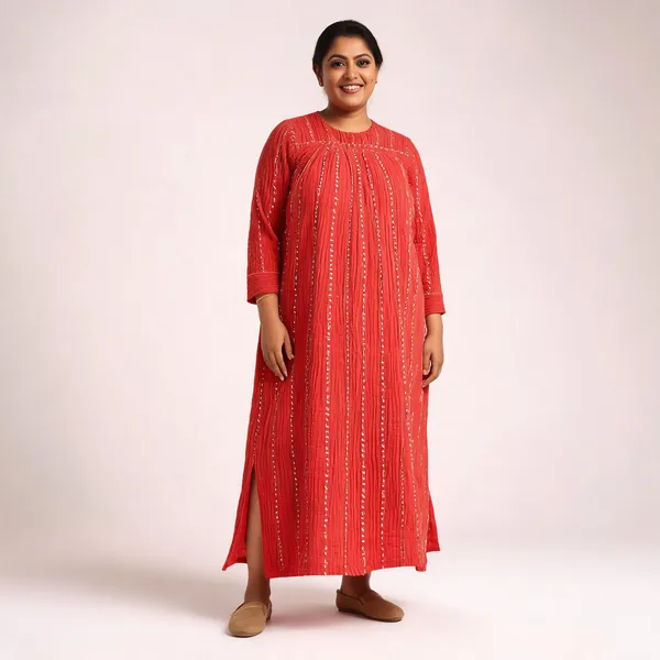 Red_Cotton_Kantha_Pleated_Midi_Dress_For_Women