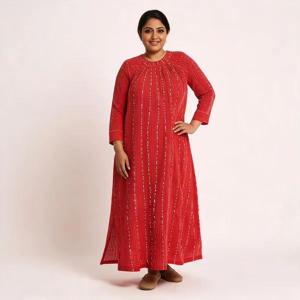 Red_Cotton_Kantha_Pleated_Midi_Dress_For_Women