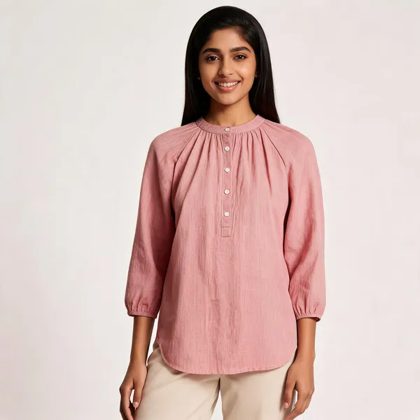 Pink_Cotton_Handwoven_Raglan_Sleeve_Shirt_For_Women