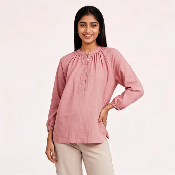 Pink_Cotton_Handwoven_Raglan_Sleeve_Shirt_For_Women