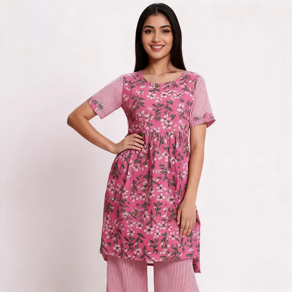 Pink_Cotton_Floral_Frock_Top_Palazzo_Co-Ord_Set_For_Women