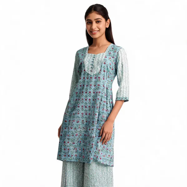 Light_Blue_Cotton_Floral_Frock_Top_Palazzo_Co-Ord_Set_For_Women